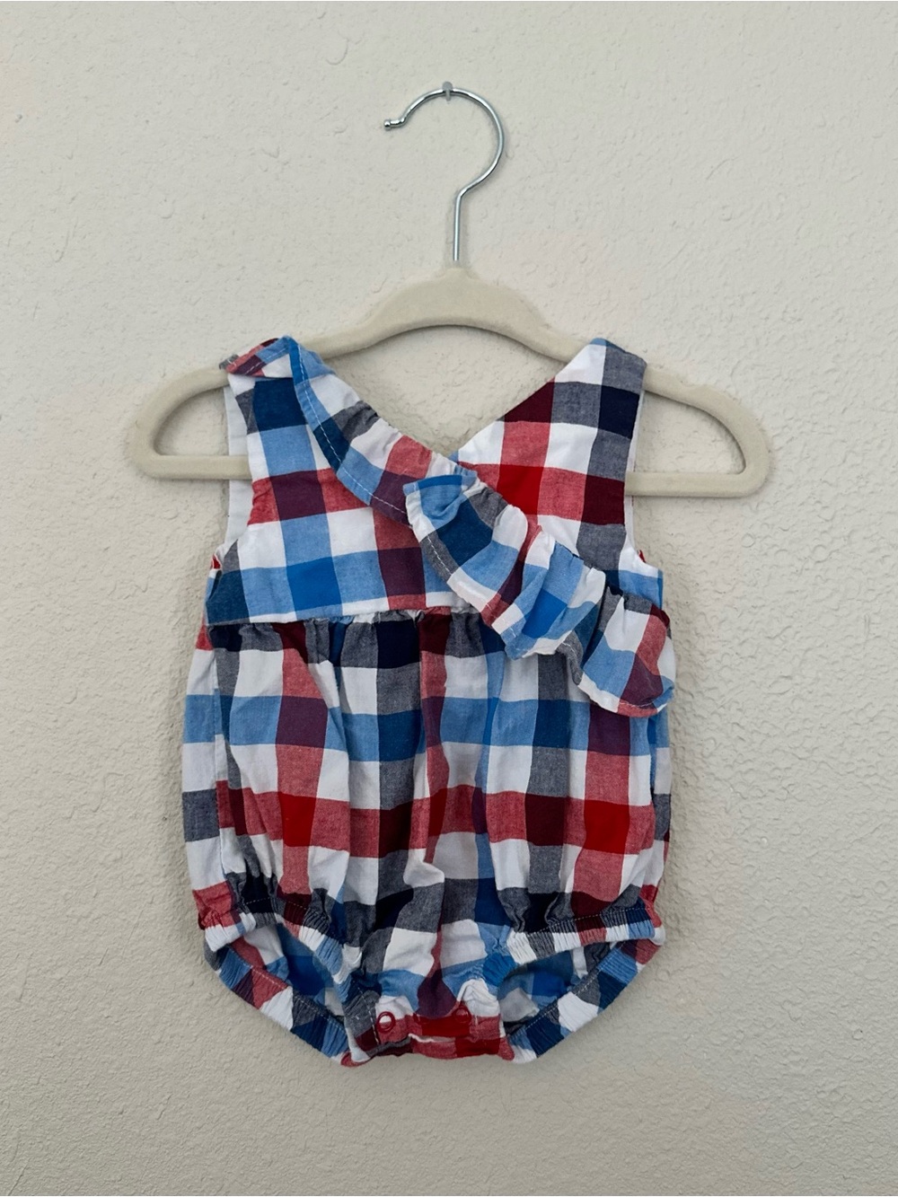 Baby Girls Red, Blue & White Plaid Ruffle Bubble Romper